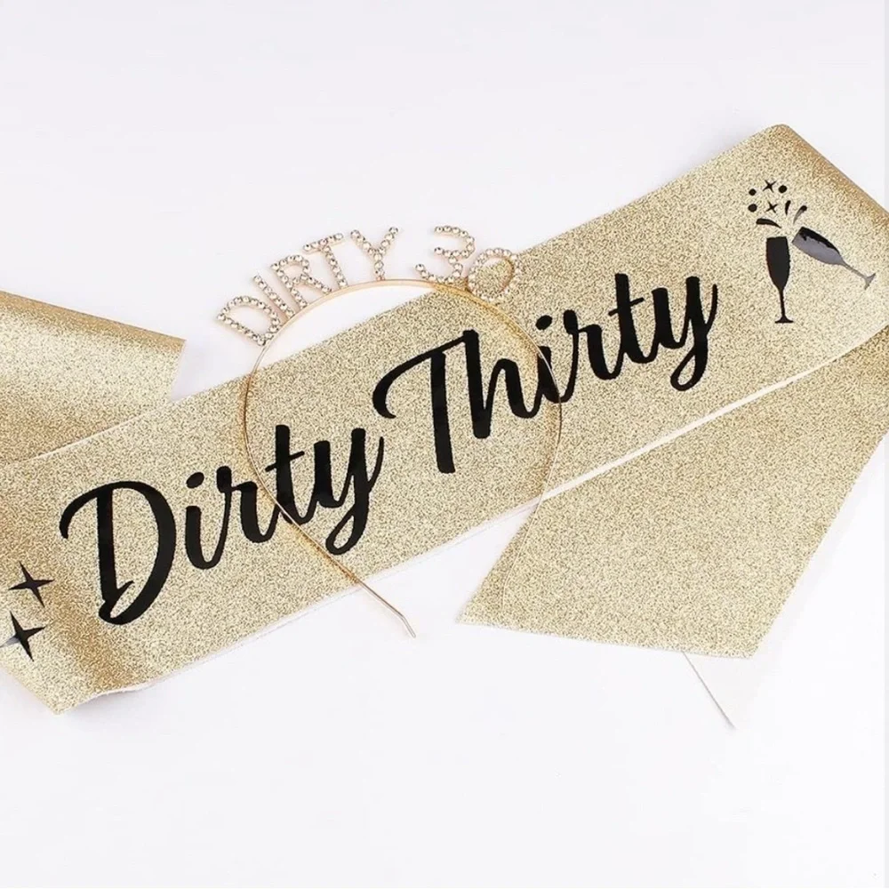 Gold Dirty 30 Headband, Sash, Pin & Straw set in Birthday box